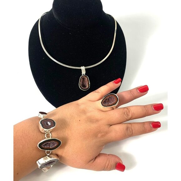 Hand Crafted Geode Natural Stone Jewelry SetNecklace Bracelet Ring & Earring